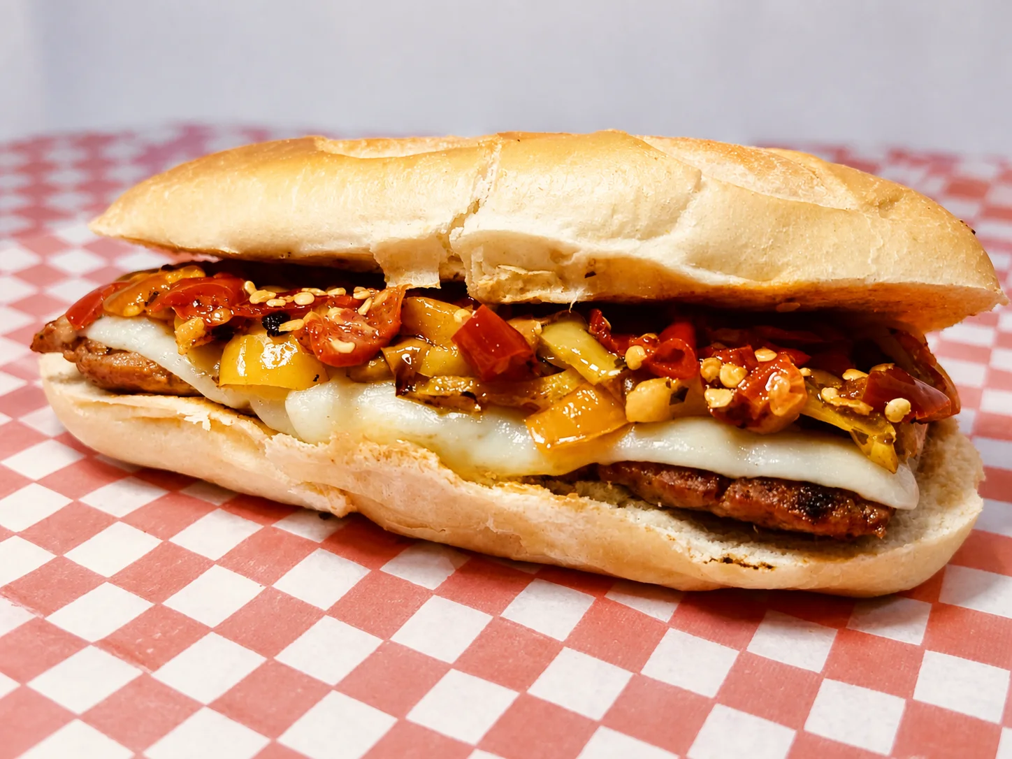 Sausage sandwich with peppers, onions, and melted mozzarella