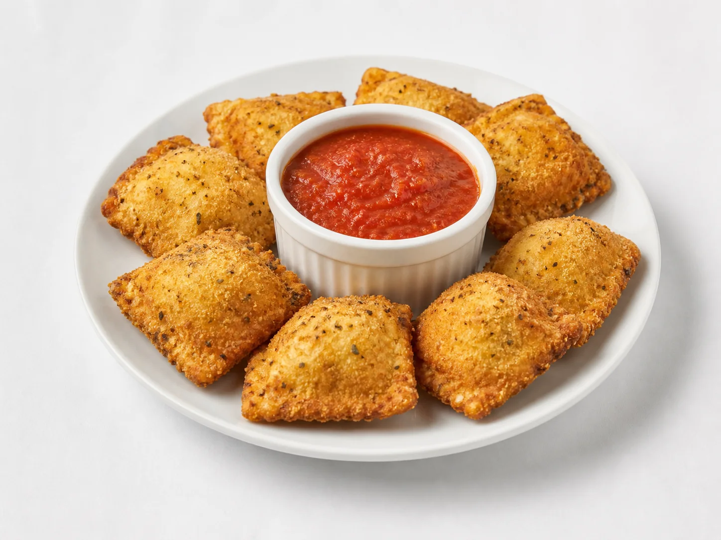 Breaded fried ravioli arranged around tomato dipping sauce