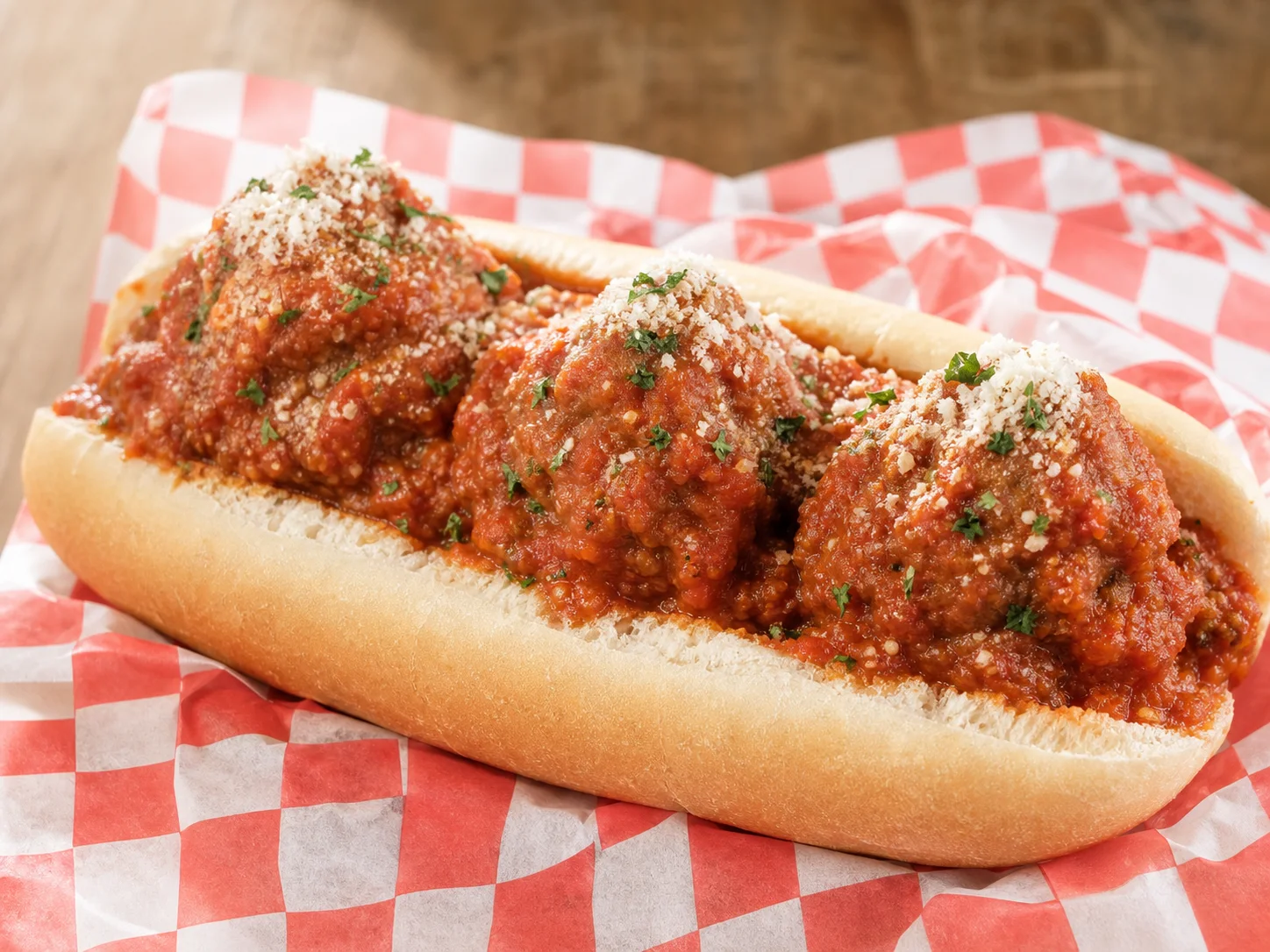 Large meatball sandwich with tomato sauce and grated Parmigiano
