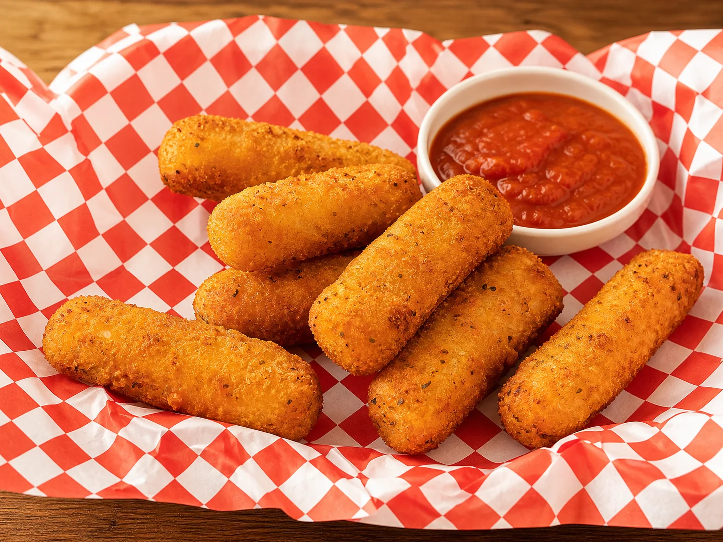 Golden mozzarella sticks with tomato dipping sauce
