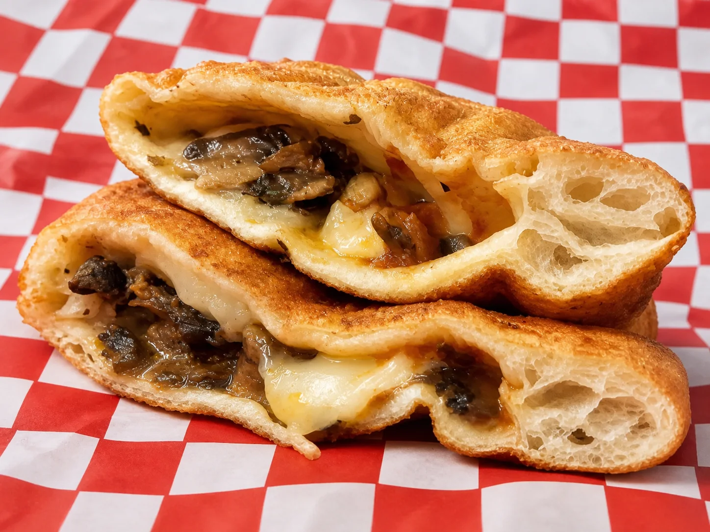 Cut-open fried calzone filled with mushrooms and melted mozzarella