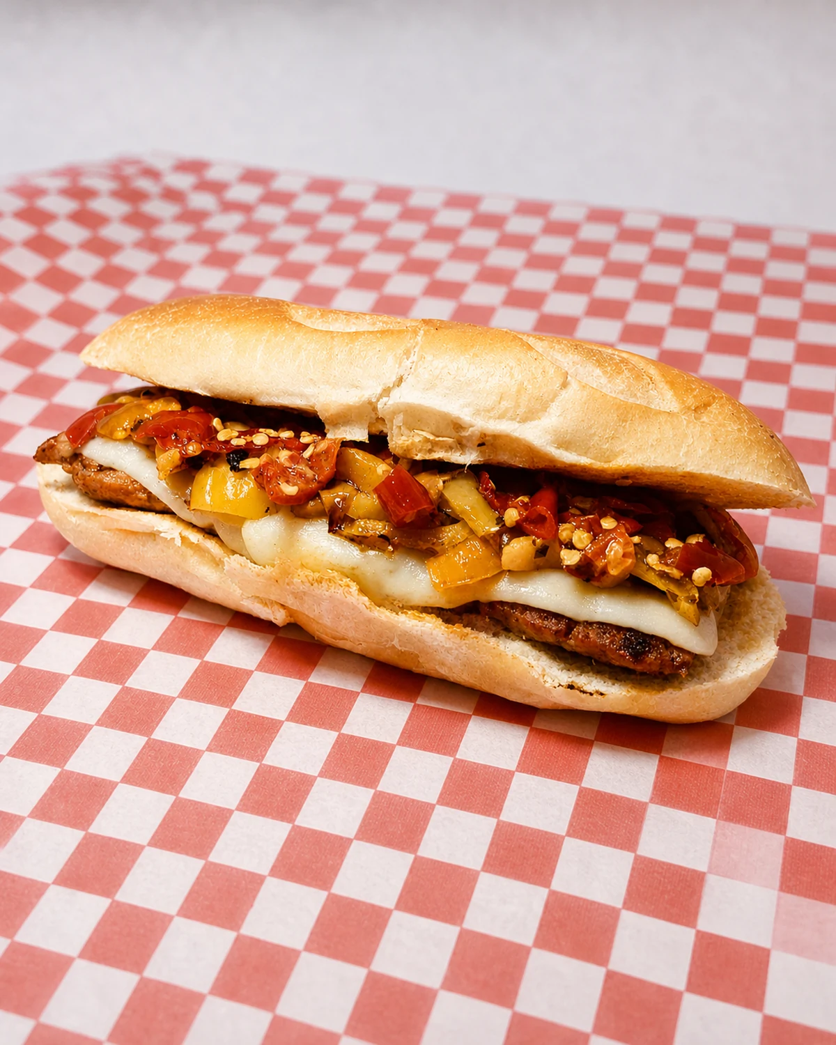 Whole sausage sandwich with peppers, onions, and melted mozzarella