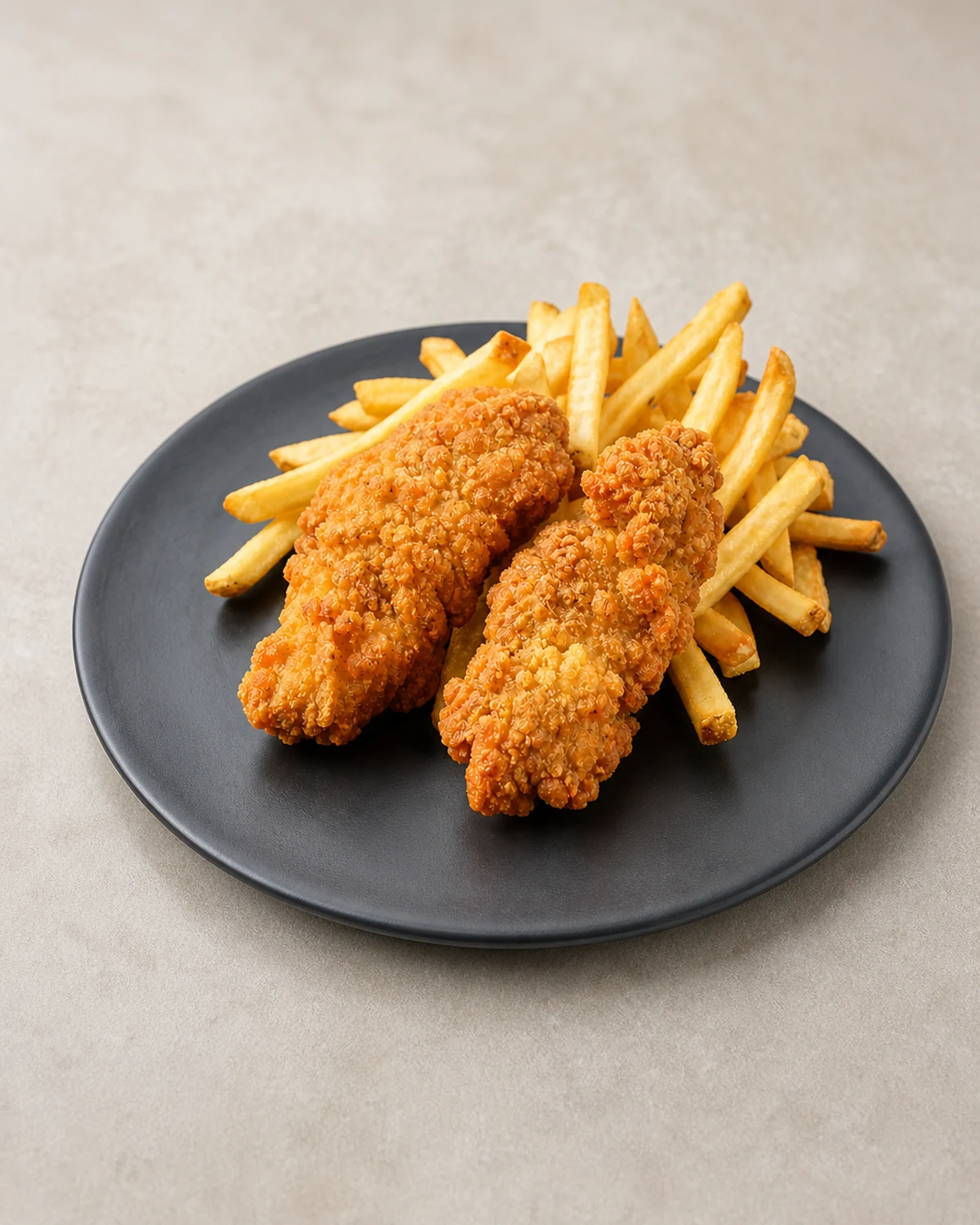 Whole dark plate of golden chicken tenders and fries