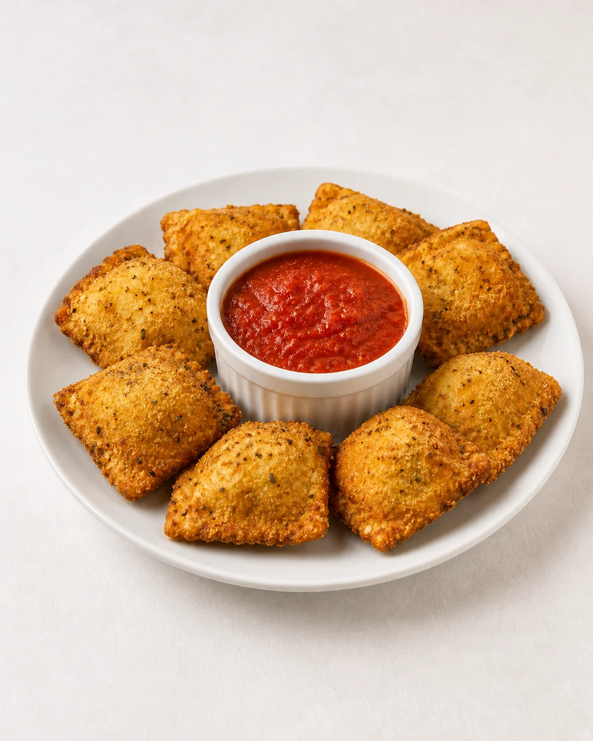 Whole white plate of golden fried ravioli arranged around tomato sauce