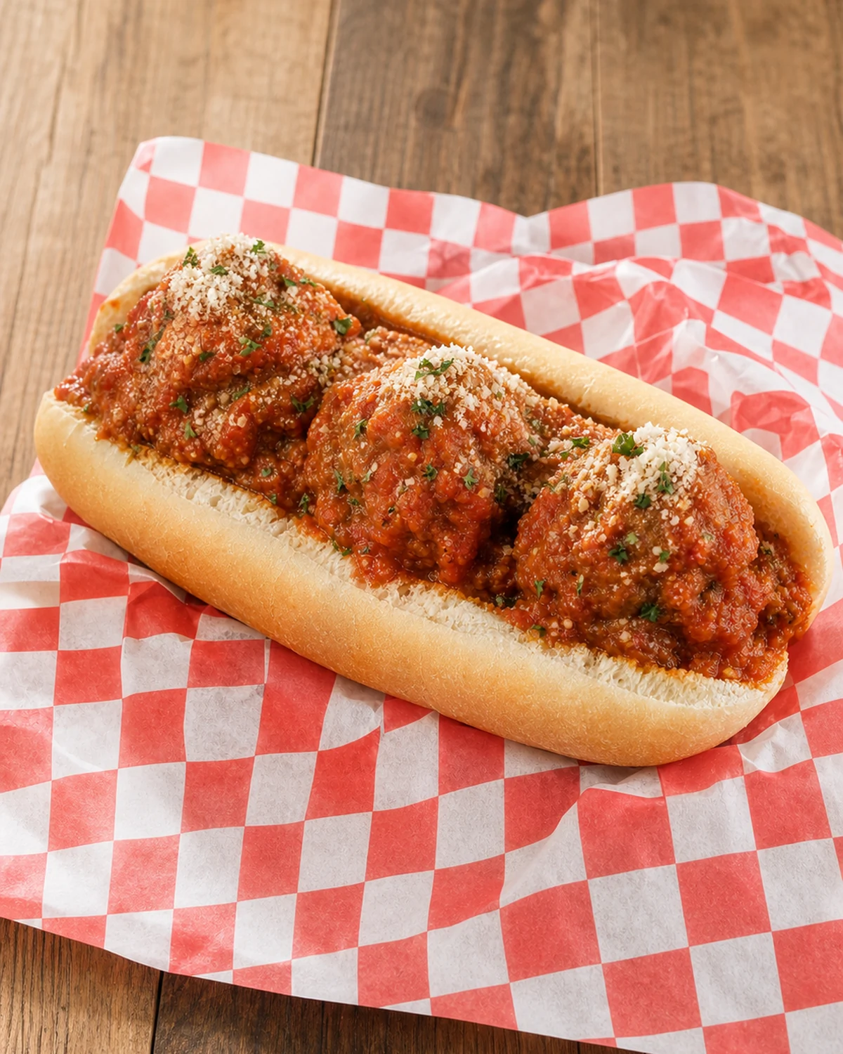 Whole large meatball sandwich with tomato sauce and grated Parmigiano