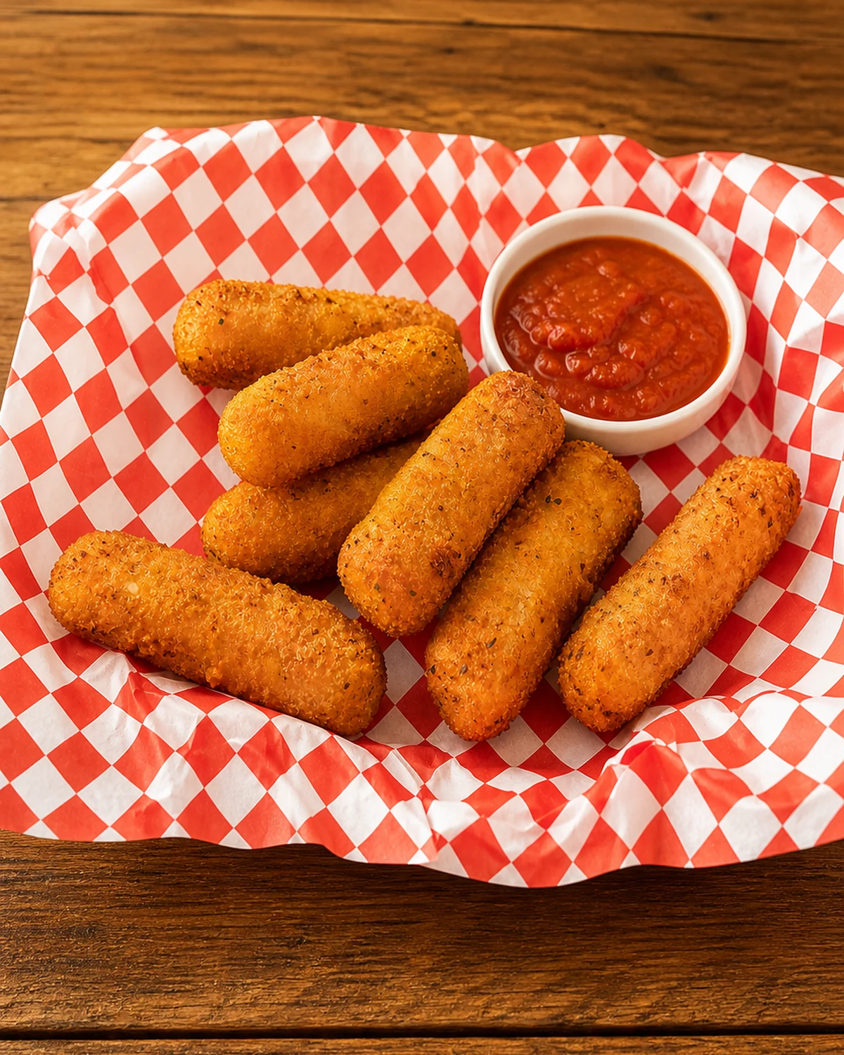 Whole serving of golden mozzarella sticks with tomato sauce
