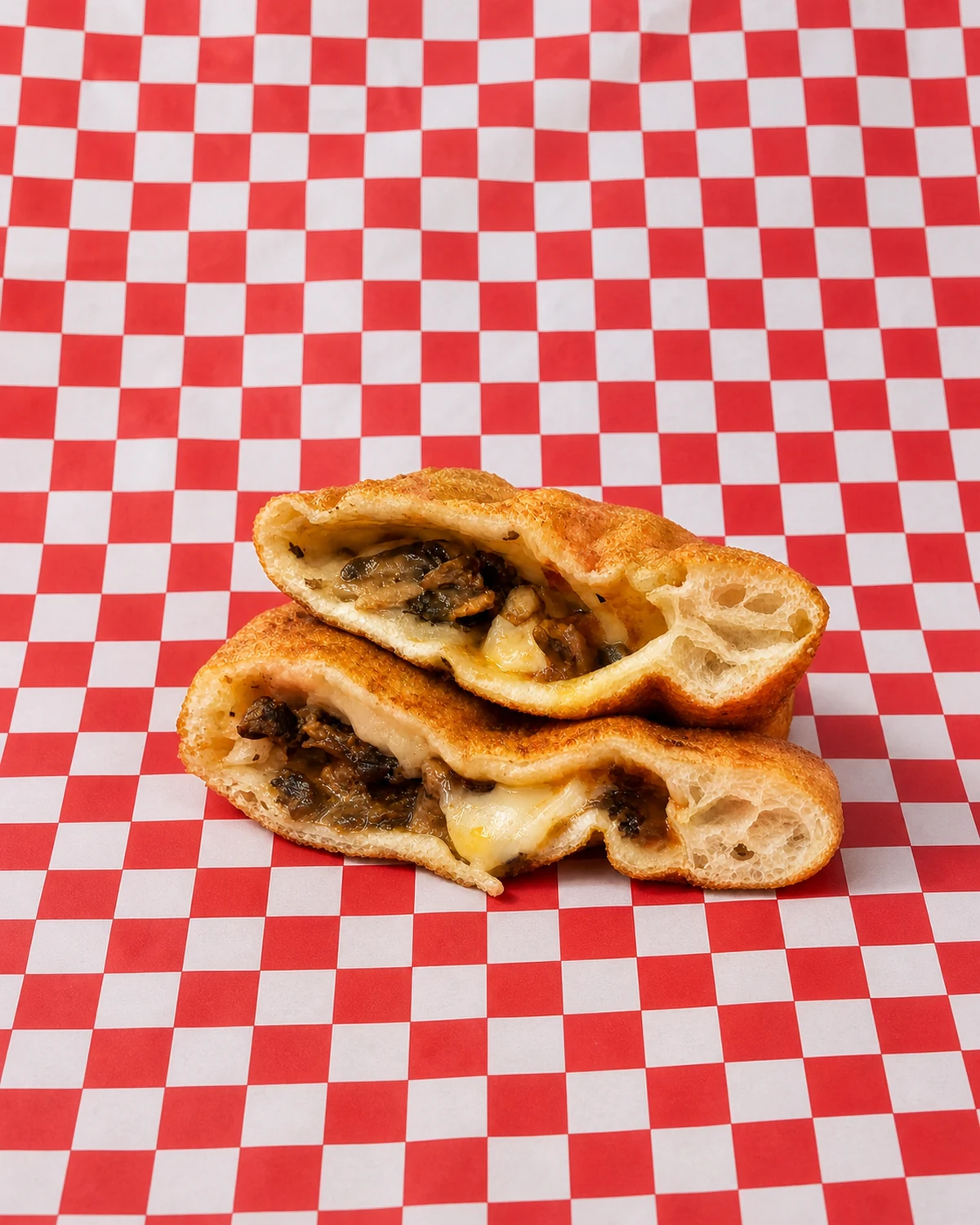 Two whole cut-open fried calzone halves with mushrooms and melted mozzarella