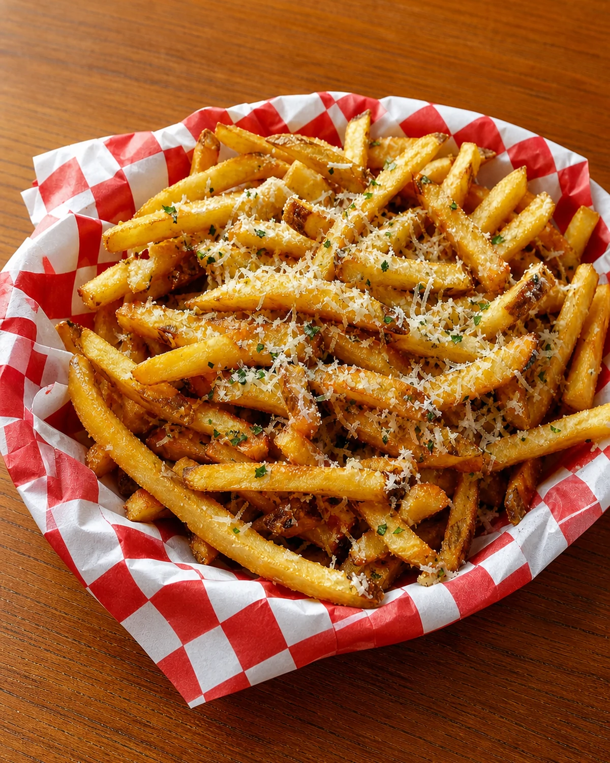 Whole serving of French fries covered with grated Parmesan