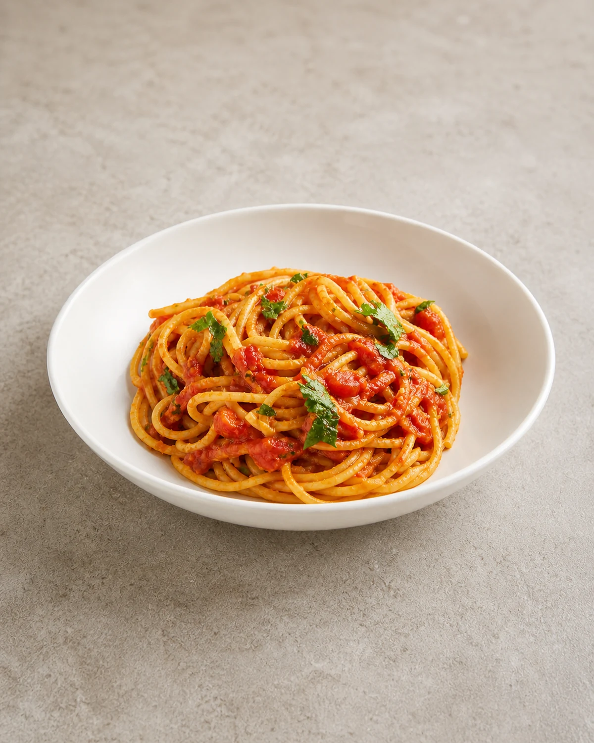 Whole white bowl of vegetarian spaghetti in classic tomato sauce