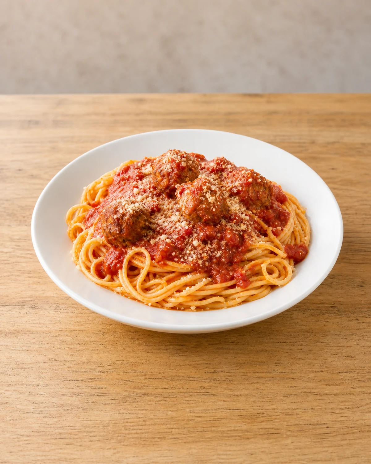 Whole white bowl of spaghetti with tomato sauce, meatballs, and grated cheese