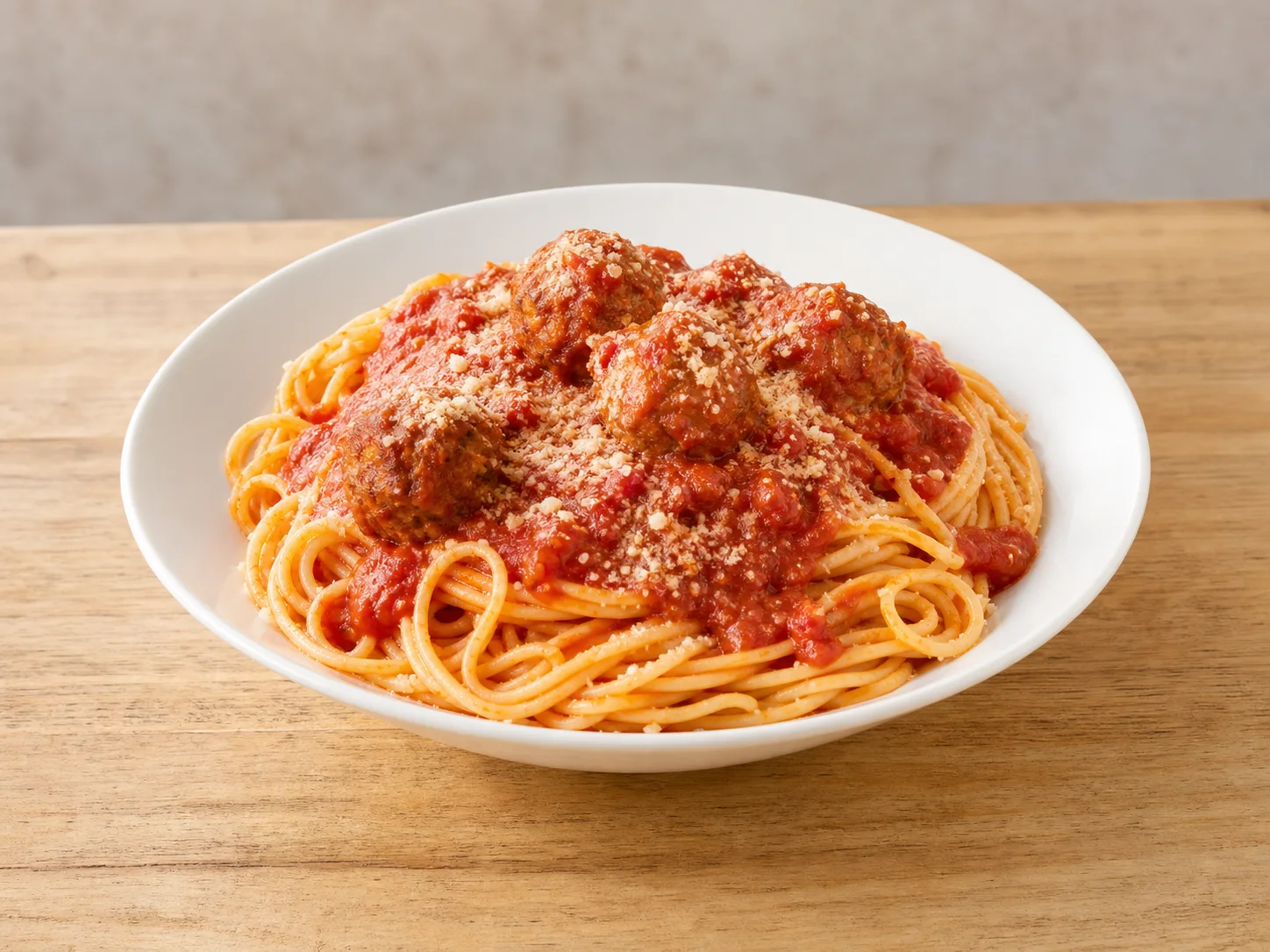 Spaghetti with tomato sauce, meatballs, and grated cheese